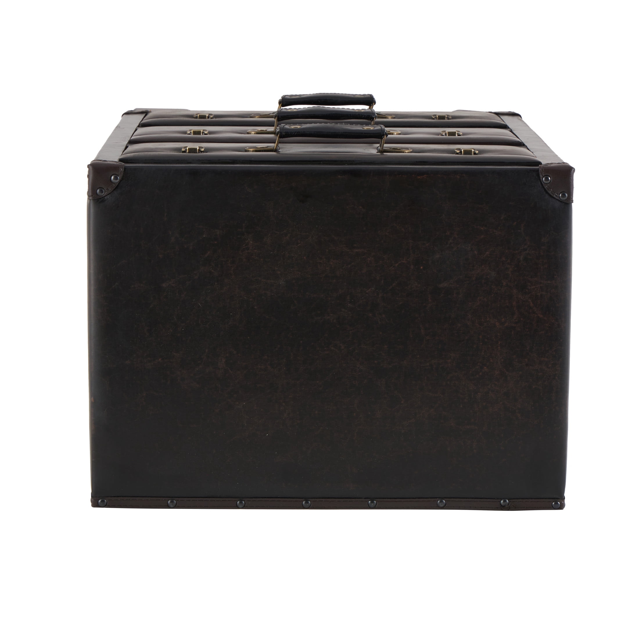 DecMode 19" x 28" Dark Brown Faux Leather Vintage Faux Leather 3 Drawer Chest with Gold Buckle and Strap Accents, 1-Piece