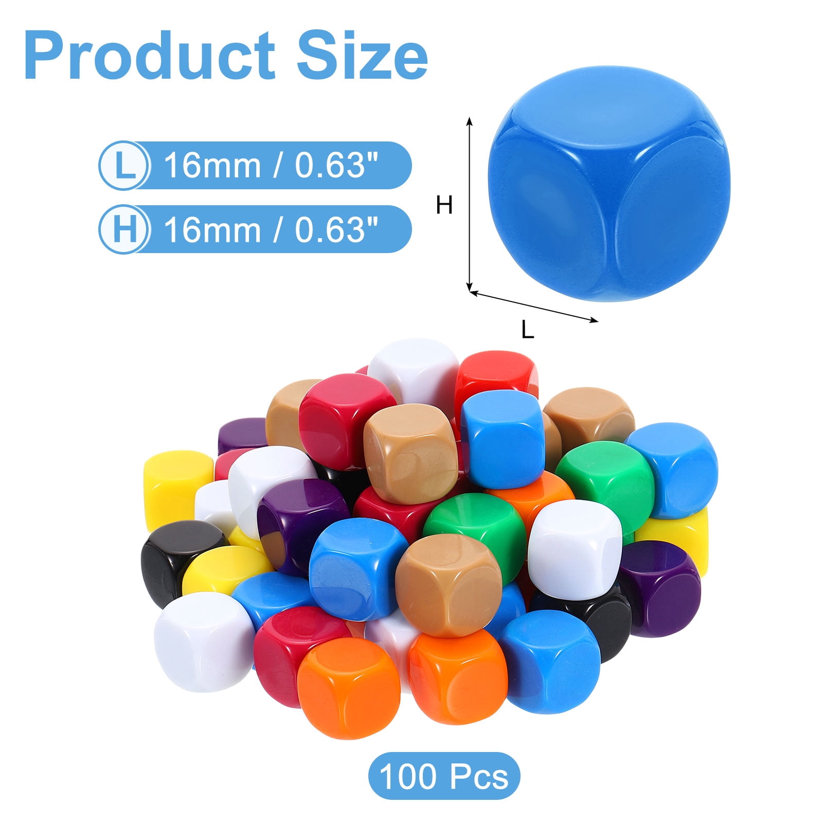 100Pack Rounded Blank Six Sided Dice 16mm/0.6inch Acrylic Dice, 10 Colors