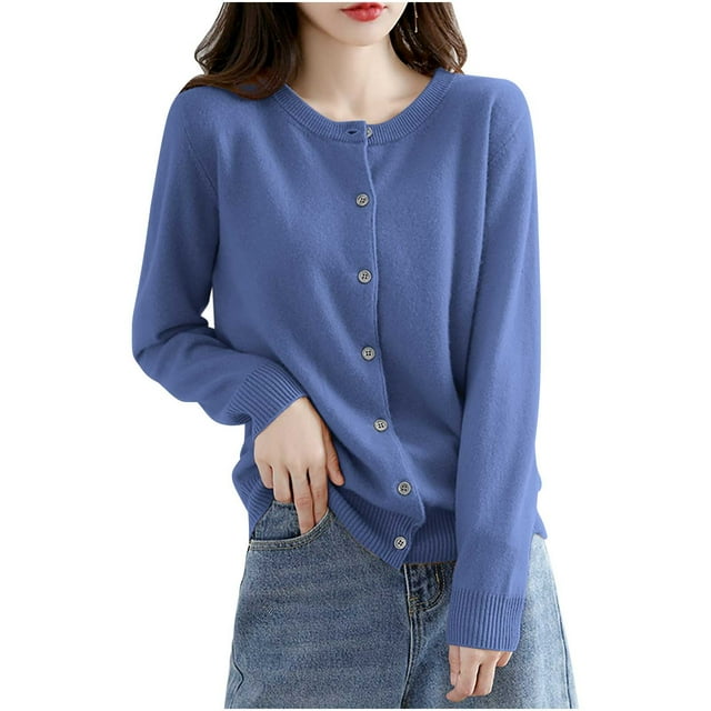 Cardigan en Tricot Léger pour Femmes à Manches Longues, Cardigan Boutonné, Chandail d'Automne Doux à Col Rond, Boléros, Hauts, Bleu, G