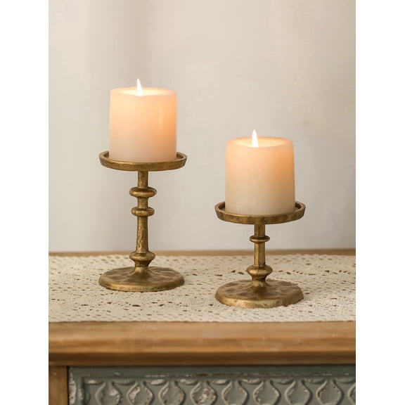 NUPTIO Brass Candle Holders for Pillar Candles: Cast Iron Gold Pillar Candle holder Set of 2 for 3 inch Candles Pillar