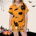 thumbnail image 2 of Shadoumai Halloween Pajamas Set Summer Button Down Pumpkin Print Short Sleeve Button Shirt Shorts Pajama Set Silk Sleepwear Nightwear Loungewear 2-Piece Sleepwear Pjs for, 2 of 4