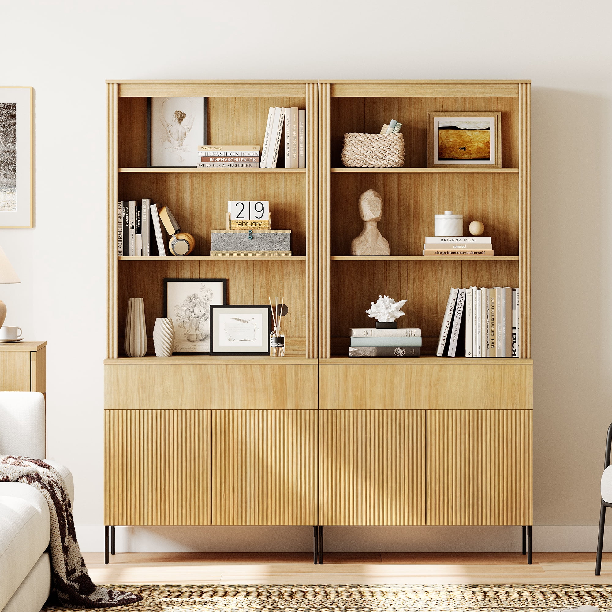 71.6"H X 60.4"W Set Of 2 Bookcase with Storage Cabinets, 10 Tier Bookshelf with Fluted Doors and Drawers, Large Modern Display Cabinet For Living Room Bedroom Home Office Kitchen