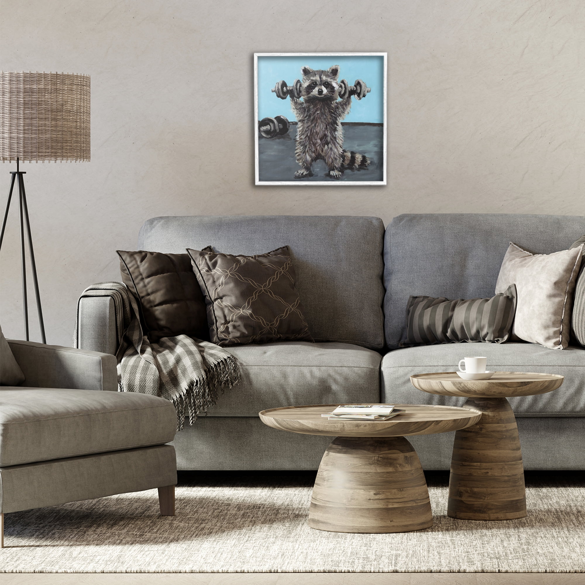 Fitness Raccoon with Weights White Framed Giclee Art, design by Studio Bautista