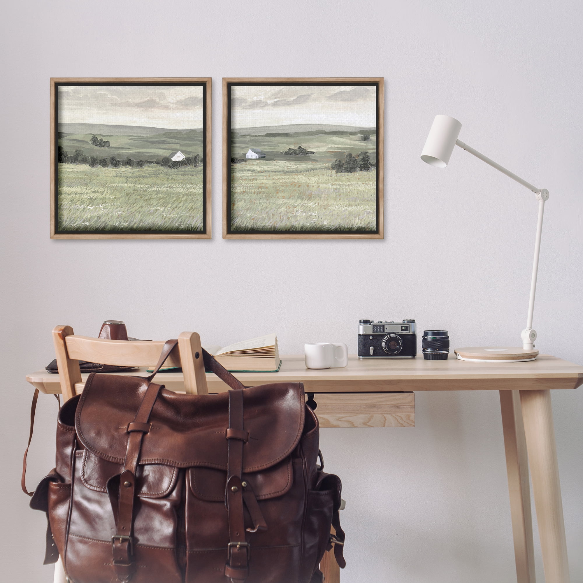 Stupell Industries Traditional Distant Farmhouse Field Landscape & Nature Painting Brown Floater Framed Canvas Art Print Wall Art, 18 x 18, Set of 2