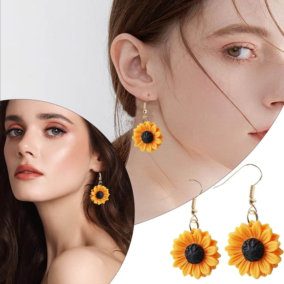 QIQUWOHUL Personality Fashion Sunflower Stud Earrings Alloy Inlaid Artificial Sun Sunflower Stud Earrings Pendant Accessories