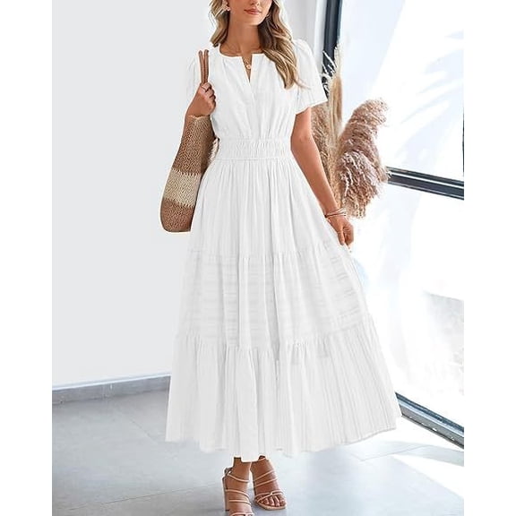 EASYBRA Women V Neck Puff Sleeve Pleated Maxi Dress Elegant A Line Layered Hem Summer Dress