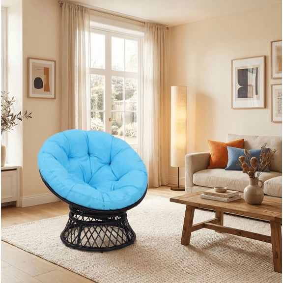 Skandiquip 36" Oversized Papasan Chair with 360° Swivel with Cushion, Sturdy Frame for Indoor & Outdoor, Black Rattan Dark Gray Cushion