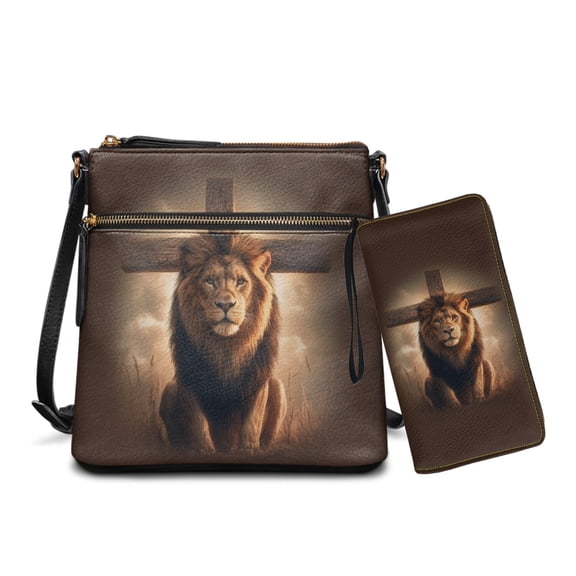 LedBack Lion Cross Leather Purses for Women Crossbody Bag Sets Hobo Purse and Wallet Set for Women Lady, Multi Pocket Satchel Bag Wallet Set Gift for Women, Brown