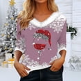 thumbnail image 2 of Women Christmas Outfit Women's Autumn Winter V Neck Long Sleeve T-Shirt with Festive Holiday Print Design for Casual Wear Pink S, 2 of 5