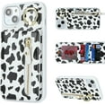 thumbnail image 2 of for iPhone 13 Case with Card Holder for Women,for iPhone 13 Phone Case Wallet with Credit Card with Ring Kickstand Zipper Shockproof Slim Stand Case for iPhone13 - Black Cow Print, 2 of 16
