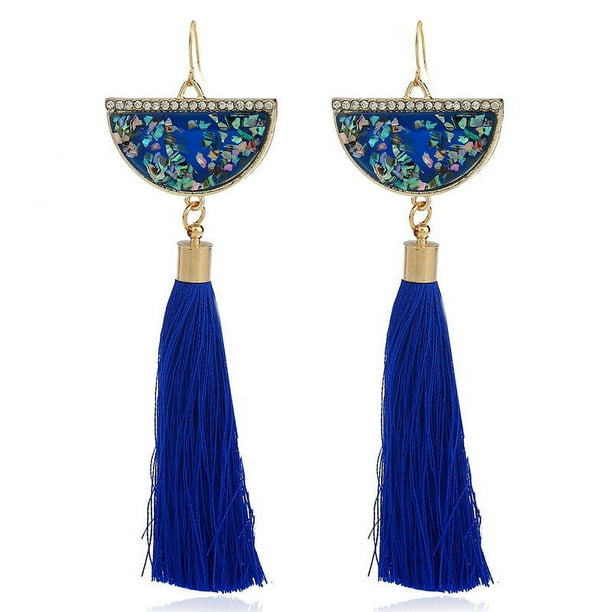Nvzi Pendientes y aretes para hombre, aretes de diamantes con incrustaciones de metal, aretes largos con borlas en forma de abanico (azul)