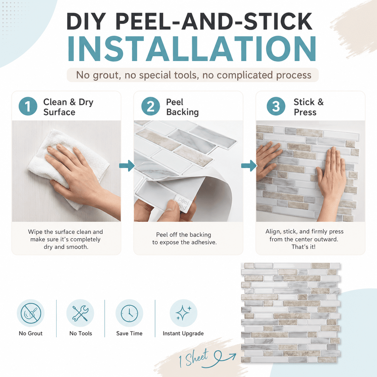 Yeslife 10-Pack Peel and Stick Backsplash Tile, 12" x 12" Beige & White Linear Mosaic Wall Tiles, Self Adhesive Waterproof Stick on Tiles for Kitchen and Bathroom, 10 Sq Ft