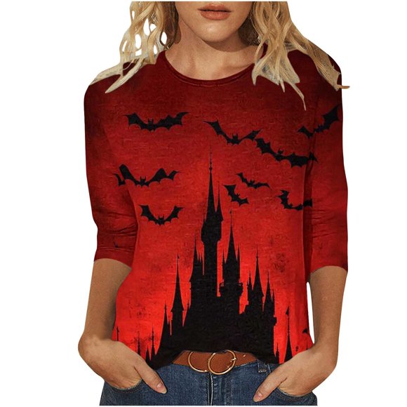 Halloween Shirts For Women, Loose Fit Round Neck Three Quarter Sleeve T-Shirt With Holiday Print, Comfortable Casual Halloween Top