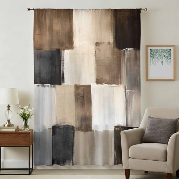 Black Brown Abstract Sheer Curtains 108 Inches Extra Long, Oil Painting Color Blocks Light Filering Curtains, Privacy Drapes Simi Floor to Veiling Curtain for Living Room Bedroom Window Treatment
