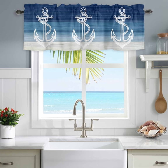 Valances for Windows Nautical Anchor Navy Blue Gradient Rod Pocket Short Curtain for Bathroom Living Room Bedroom Summer Coastal Nautical Theme 1 Panel 42x12in