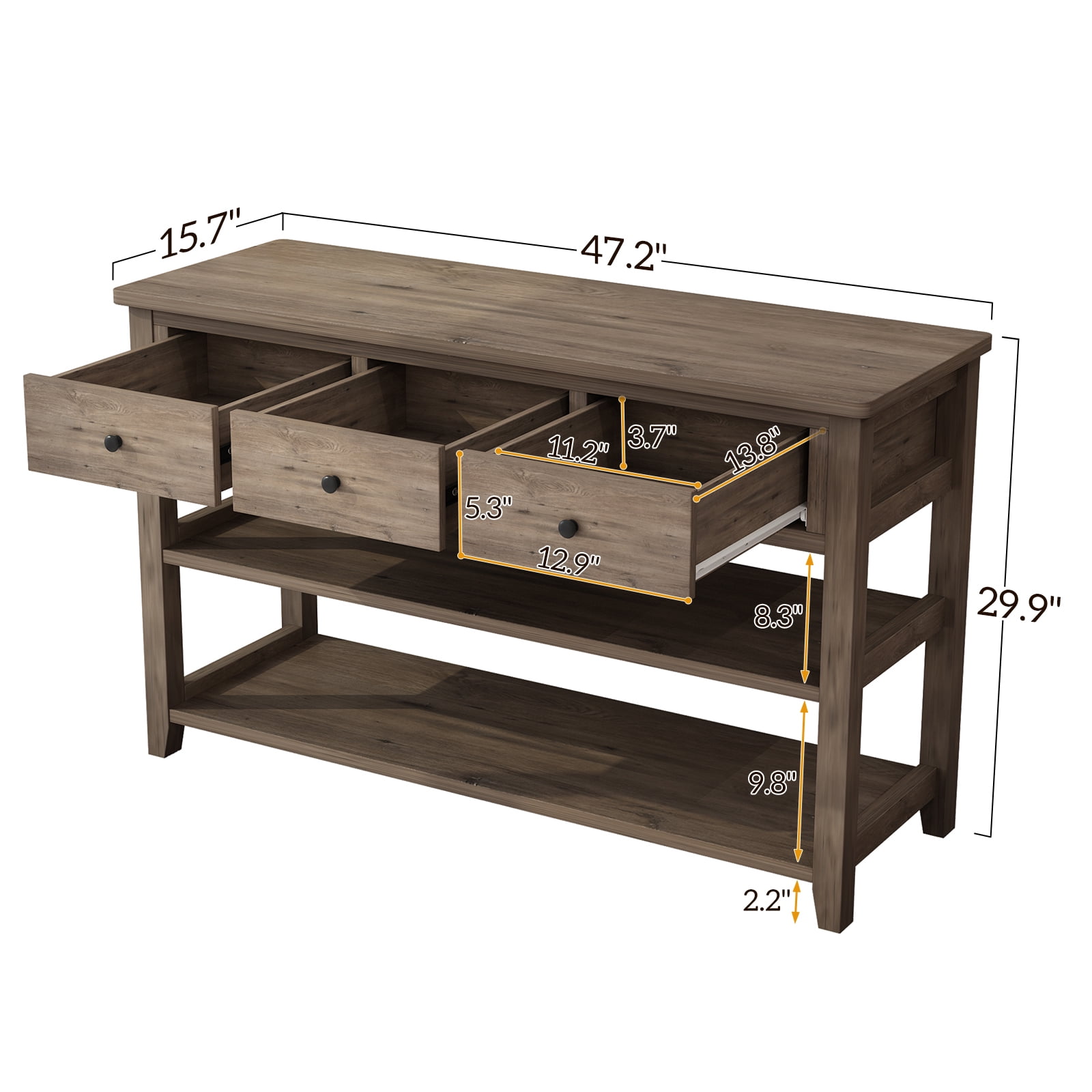 47" Console Table with 3 Drawers and 2 Open Shelves, Modern Sofa Table with Wood Frame and Legs, Entryway Table for Living Room Kitchen, Wash Gray