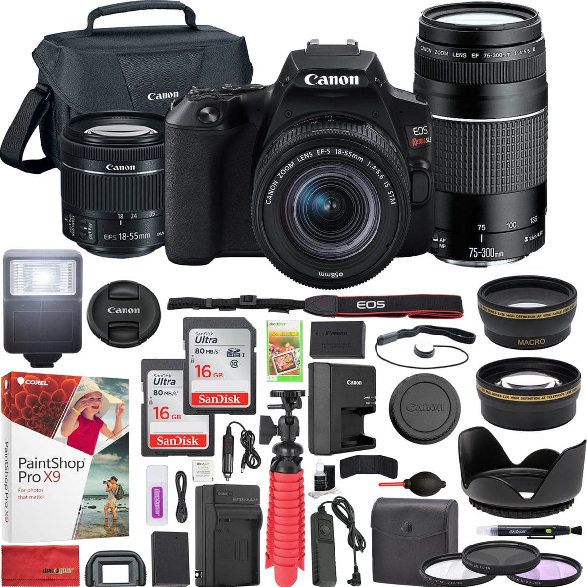 canon eos rebel sl3 dslr 4k camera black with ef s 18 55mm f 3 5 5 6 is stm and ef 75 300mm f 4 5 6 iii double zoom lens kit and sandisk memory