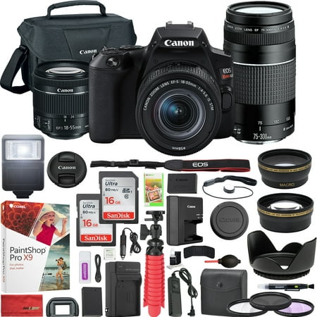Canon EOS Rebel SL3 DSLR 4K Camera (Black) with EF-S 18-55mm f/3.5-5.6 IS STM and EF 75-300mm f/4-5.6 III Double Zoom Lens Kit and SanDisk Memory Cards 16GB 2 Pack Plus Triple Battery Accessory