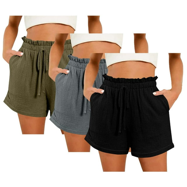 3 Pack Shorts Cotton Polyester Lounge Beach Short Pants Women Drawstring Ruffled Elastic Waist Casual Shorts (2XL, Green)