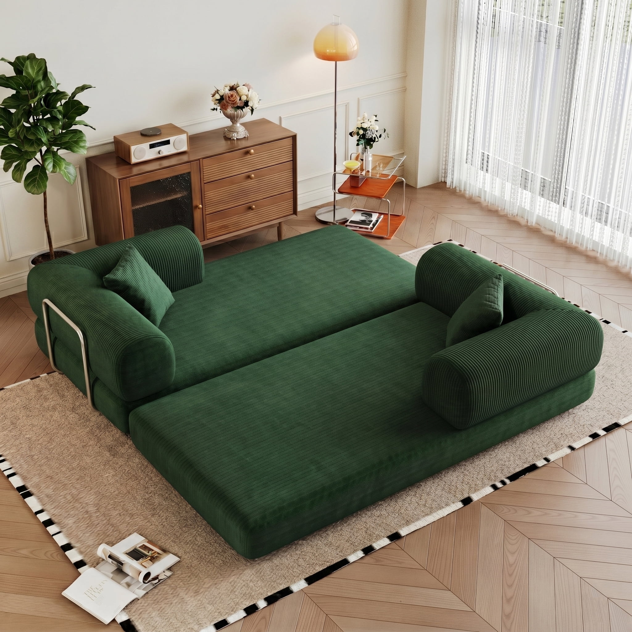 AISWORD Convertible Sleeper Sofa Bed with Cylindrical Pillow, Corduroy Folding Mattress Couch with Fixed-Shape Frame, Floor Sofa Lounge Couch, Green
