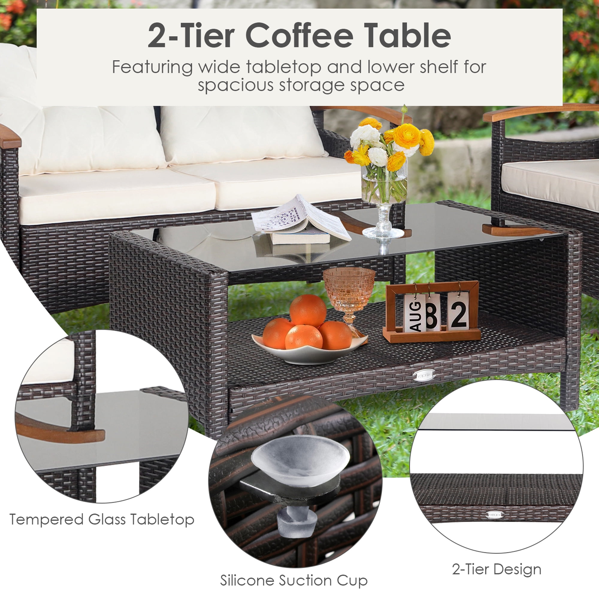 Gymax 4PCS Patio Conversation Set Rattan Sofa Furniture Set w/ Off White Cushions