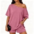 thumbnail image 2 of 2 Piece Sets for Women Summer 2026 Off the Shoulder T Shirt Casual Shorts Matching Comfy Lounge Sets Airport Travel Outfit,Pink,S, 2 of 8
