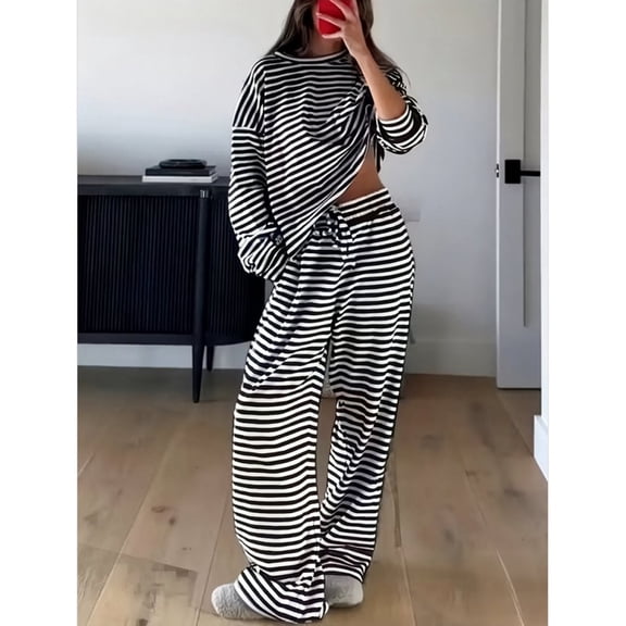 BILIKEYU Womens Striped Two Piece Outfits Matching Sweatsuit, Sweatsuits For Women, Loungewear Sets Woman, Fleece Pajamas Women