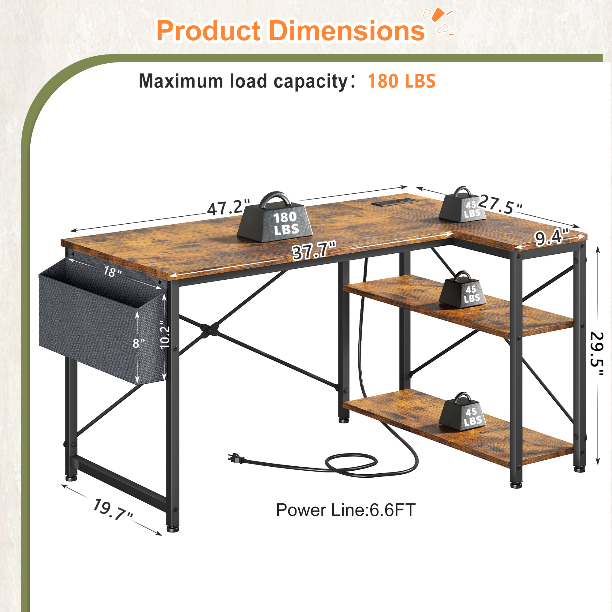 EnHomee L-Shaped Computer Desk with Charging Station, Small Desk with Storage Shelves for Gaming, Writing, Rustic Brown