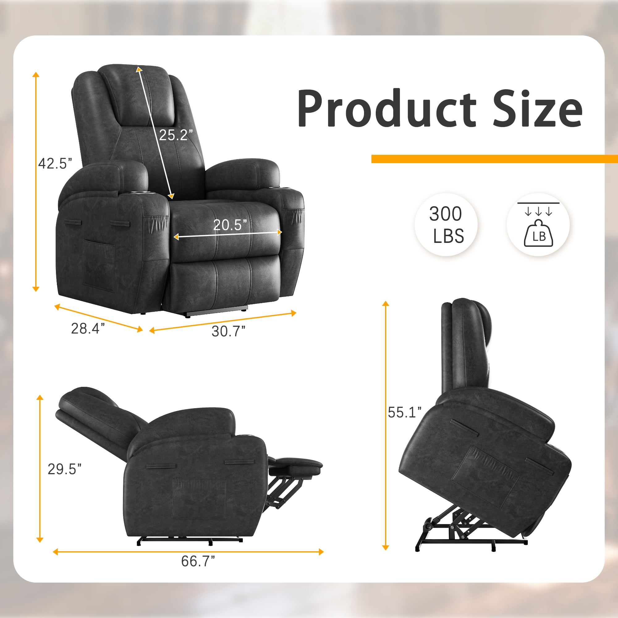 Furmax Electric Power Lift Leathaire Recliner Chair with Massage for Bedroom, Black