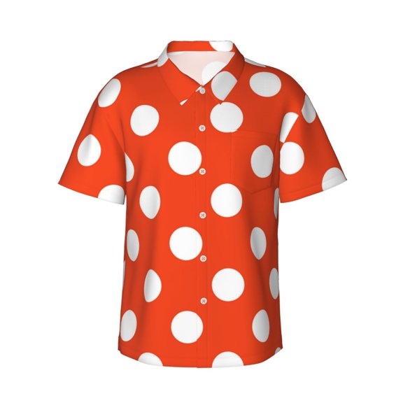 Gukieu Orange And White Polka Dot1 Print Men's Short-sleeved Shirts, Button-down Lapel Hawaiian Shirts, T-shirts, Beach Vacation Summer Casual Wear,Small