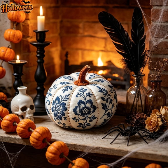 Blue White Floral Printed Stuffed Fabric Artificial Pumpkin, Decorative Pumpkin Ornament For Tiered Tray Mantel Table Centerpiece Fall Halloween Thanksgiving Home Decor Housewarming