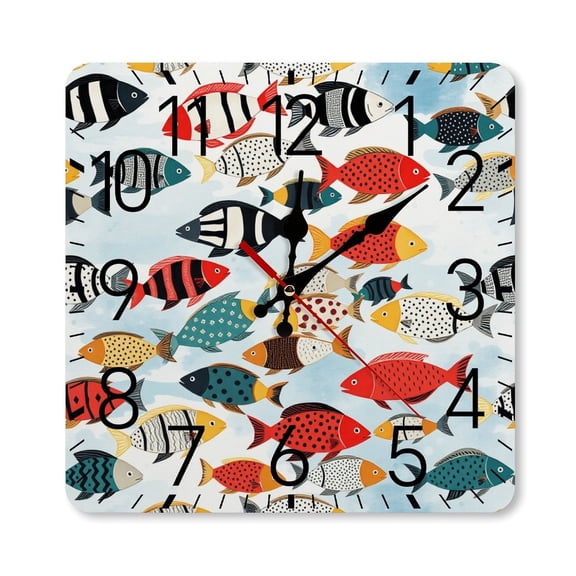 RKSupls 10×10inch Square Silent Wall Clock Wooden Frame, Colorful Fish Pattern Scale Decorative Clock for Home Bedroom Living Room Office