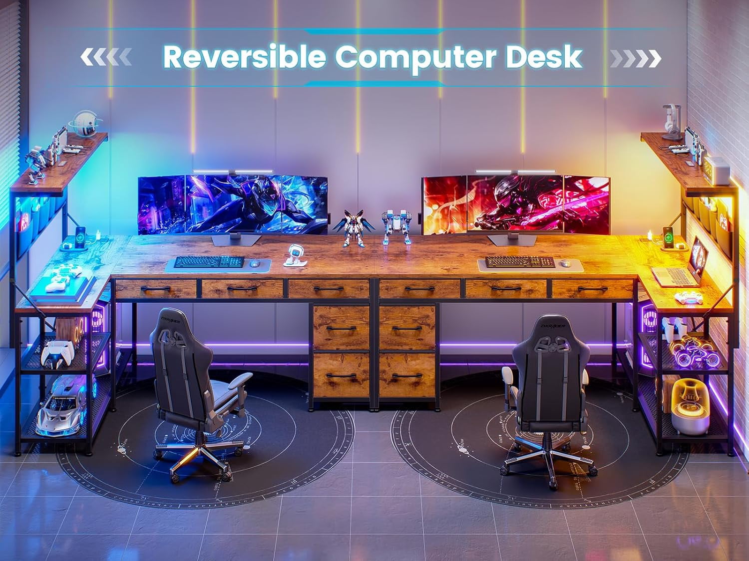 L Shaped Desk with 5 Fabric Drawers and Hutch, 47.2" Reversible Computer Desk with LED Lights for Home Office