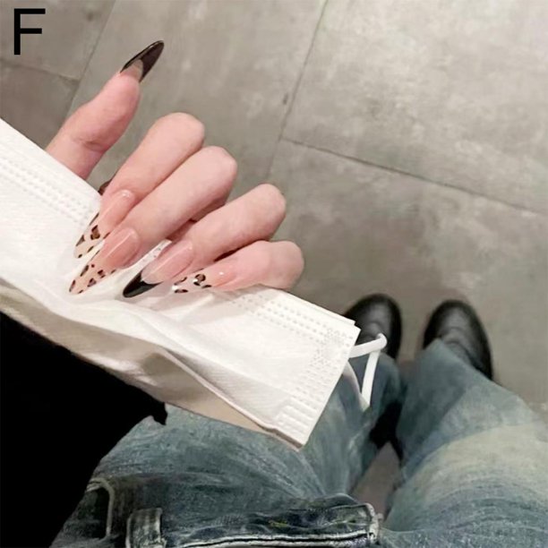 Uñas postizas con estampado de leopardo para usar, estilo francés dulce y moderno, largas, con temperamento