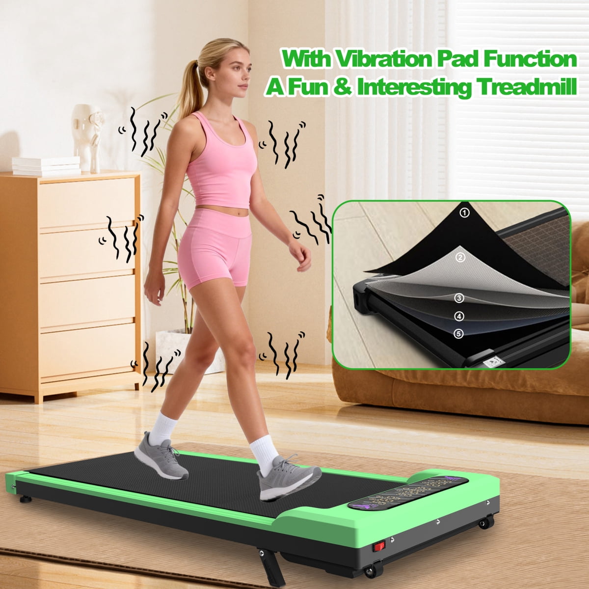 LuckyNote 2 in 1 Portable Folding Treadmill, Walking Pad with Vibration Function, 0.5-5MPH & 10% Incline, Compact for Small Spaces, Green