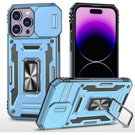 Case for iPhone 14 Pro Max Slide Lens Protective Case Shockproof Impact Resistant with Kickstand Cover Case for iPhone 14 Pro Max (6.7 ) Black Blue