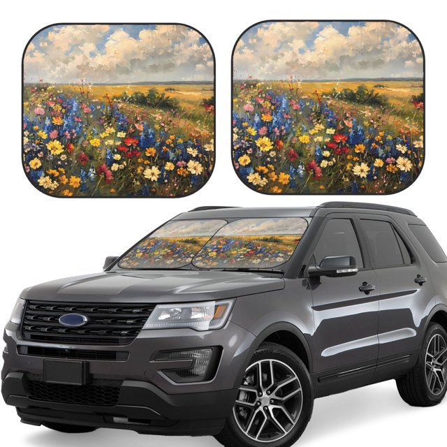 Vsdgher Vibrant Wildflower Meadow Print Car Windshield Sun Shade, Reflective Sunshade Window Sunshade Sun Visor Protector Fit for Cars,Trucks,SUVs-Small