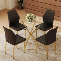 SUDICA Dining Table Set for 4, 36 Inch Round Tempered Glass Table with Gold Metal Legs and Black PU Leather Chairs for Dining Room