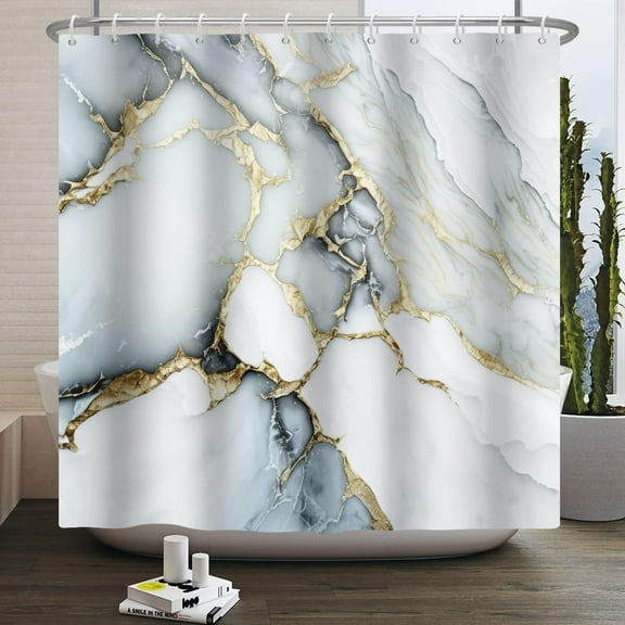 72x72 Inches Abstract Marble Shower Curtain Gray White Gold Marble Texture Modern Luxury Watercolor Art Pattern Shower Curtains for Home Bathroom Decor Polyester Fabric Waterproof with Hooks
