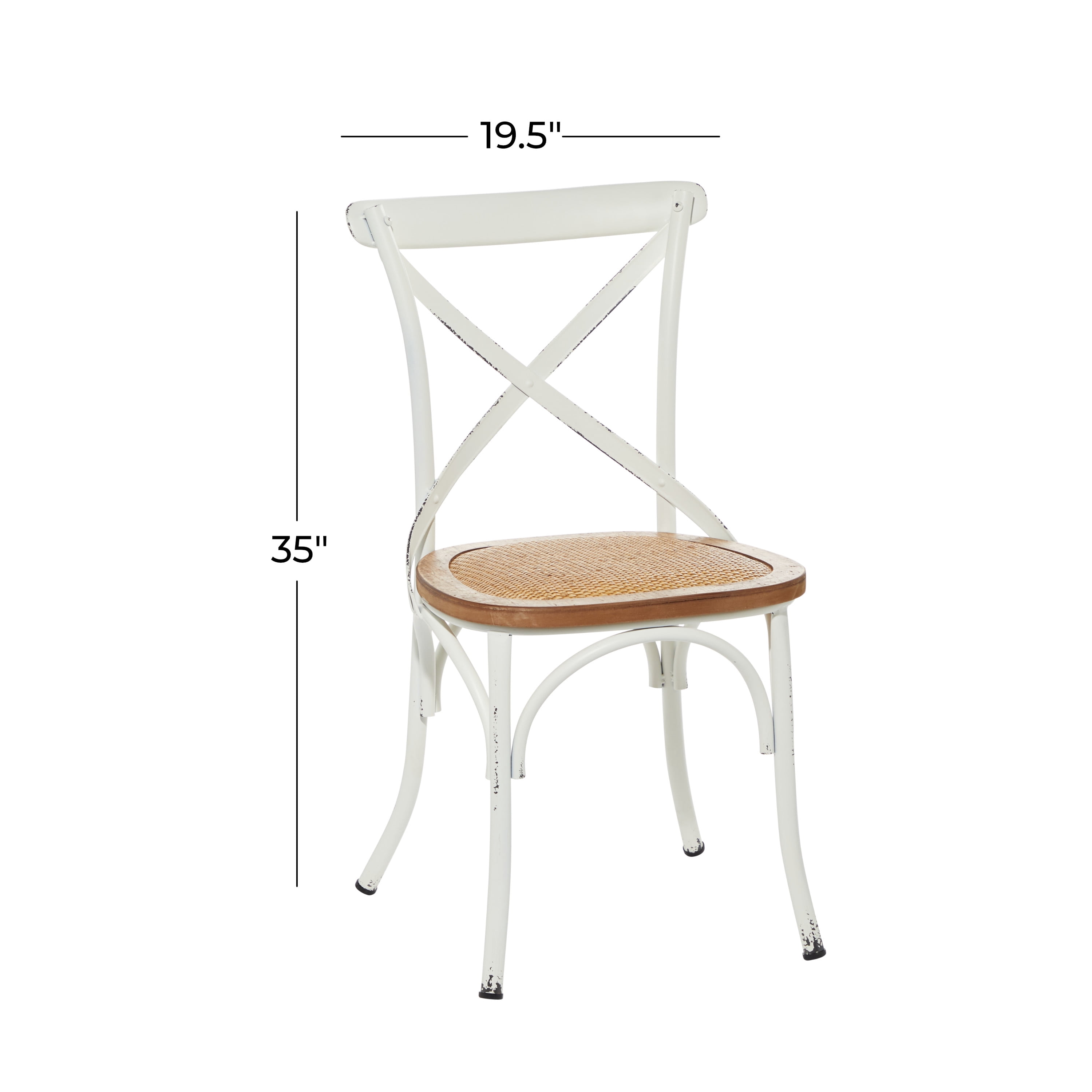 DecMode Metal Dining Chair with Brown Rattan Seat, Set of 2, White