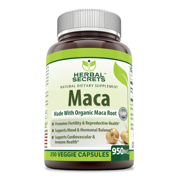 Herbal Secrets Natural Made Maca 950 Mg Per Serving 250 Veggie Capsules Supplement | Non-GMO | Gluten Free | Made in USA
