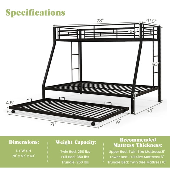 Twin over Full Bunk Bed Frame with Trundle, Metal Slat Support, Side Ladders, Black