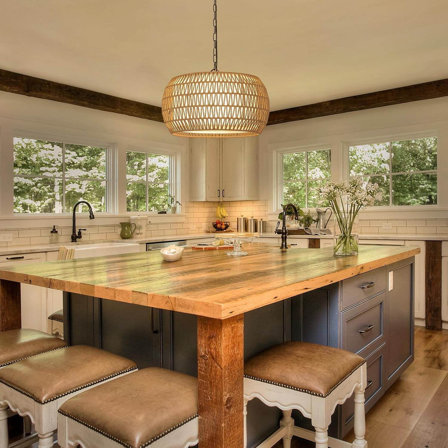 18.9" Rattan Farmhouse Chandelier - 5-Light Boho Pendant Light with Adjustable Height (18.9"W x 9.8"H)
