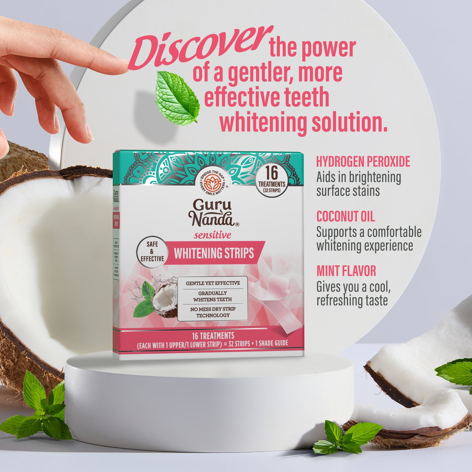 GuruNanda Sensitive Whitening Strips with Coconut Oil - 16 Treatments - Natural Mint Flavor