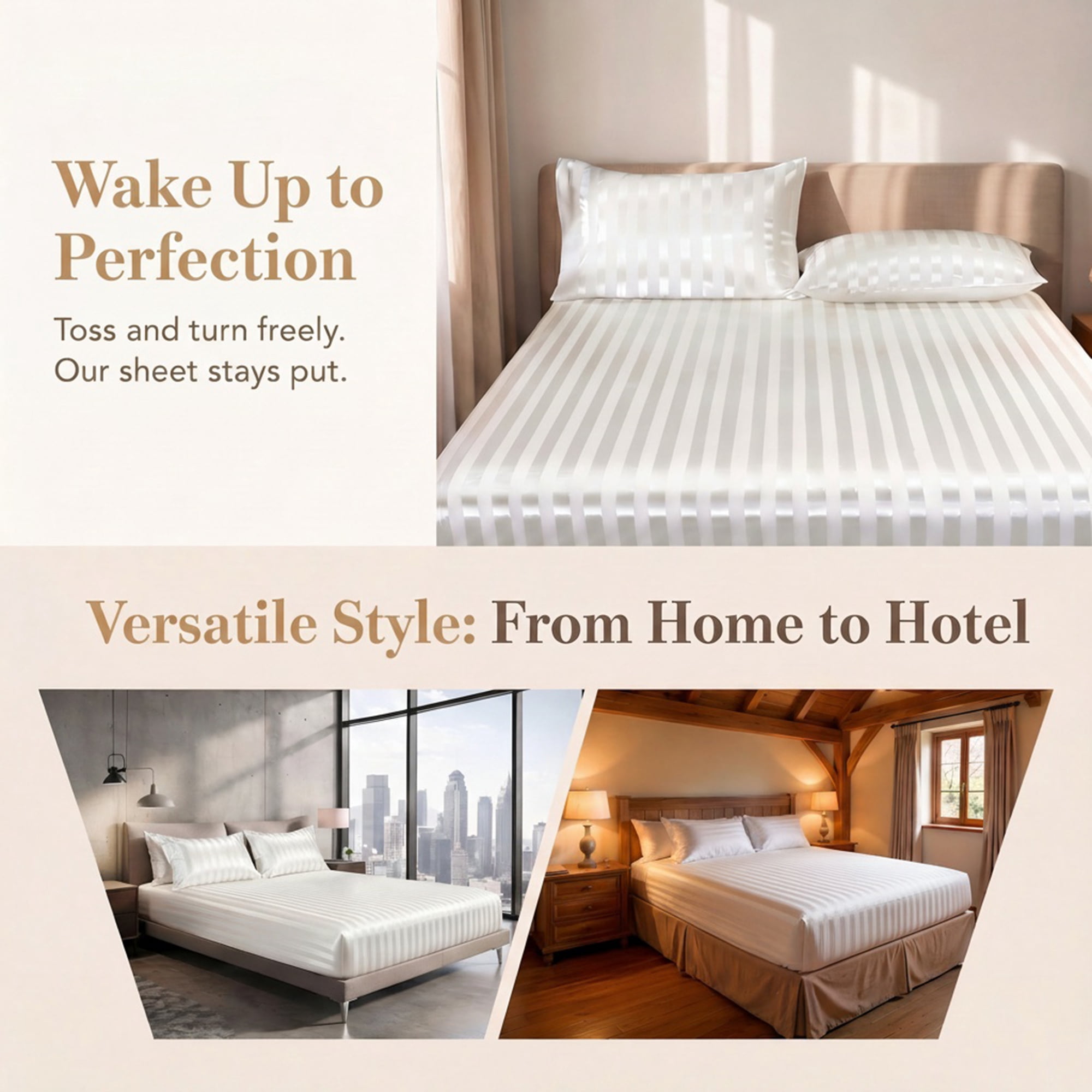 Unique Bargains Fitted Polyester Satin Strip Bed Sheets Wear Resistant 78.0"x79.9" White