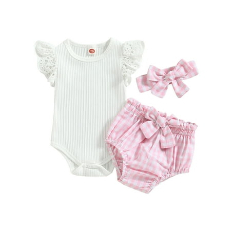 

Zervatek Baby Girl Clothes Suits Solid Color Fly Sleeve Crew Neck Romper Plaid Elastic Waist Shorts Bow Headband 3Pcs Set