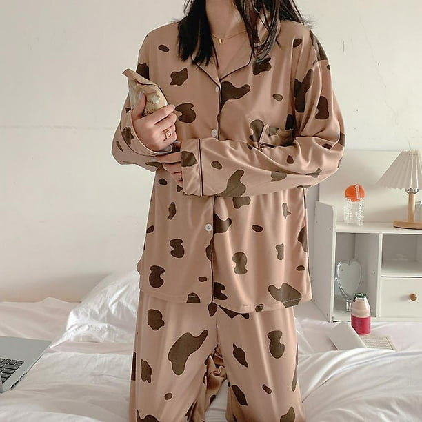 Pijamas de mujer verano primavera seda leche estampado de vaca cardigan con solapa manga corta y larga de dos piezas dulce Casual ropa de casa para mujer M Walmart en linea