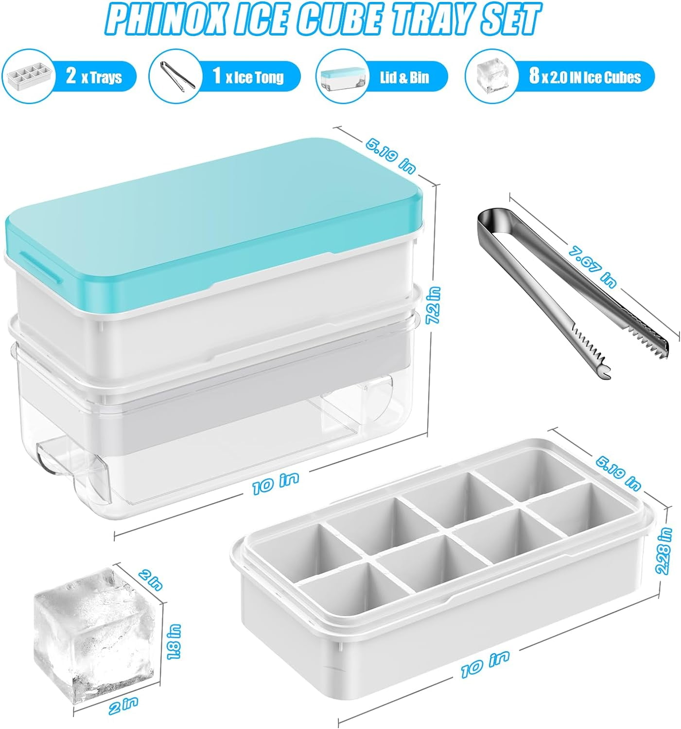 Large Ice Cube Tray With Lid and Bin, Ice Trays for Freezer, 2 INCH Whiskey Ice Cubes Mold, 2*8 pcs Square Ice Cube Mold with Tong, Easy to Release, Large Ice Tray for Whiskey Cocktail Bourbon