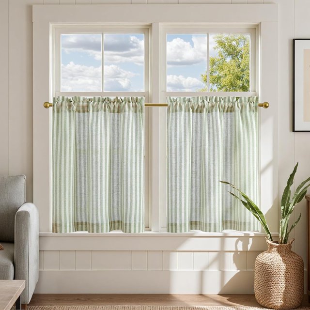 Striped Linen Kitchen Curtains 24 Inches Length Tier Curtains Farmhouse Modern Cafe Style Small Window Treatments Airy Light Filtering Rod Pocket for Living Room Bathroom 2 Panels Sage Green