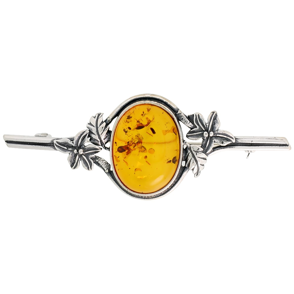 Sterling Silver Oval Russian Baltic Amber Brooch Pin, 2 9 16 inch wide by WorldJewels